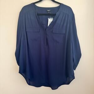 New Torrid Gorgette Tunic Top Navy Blue Sz 1X Roll Tab 3/4 Sleeve